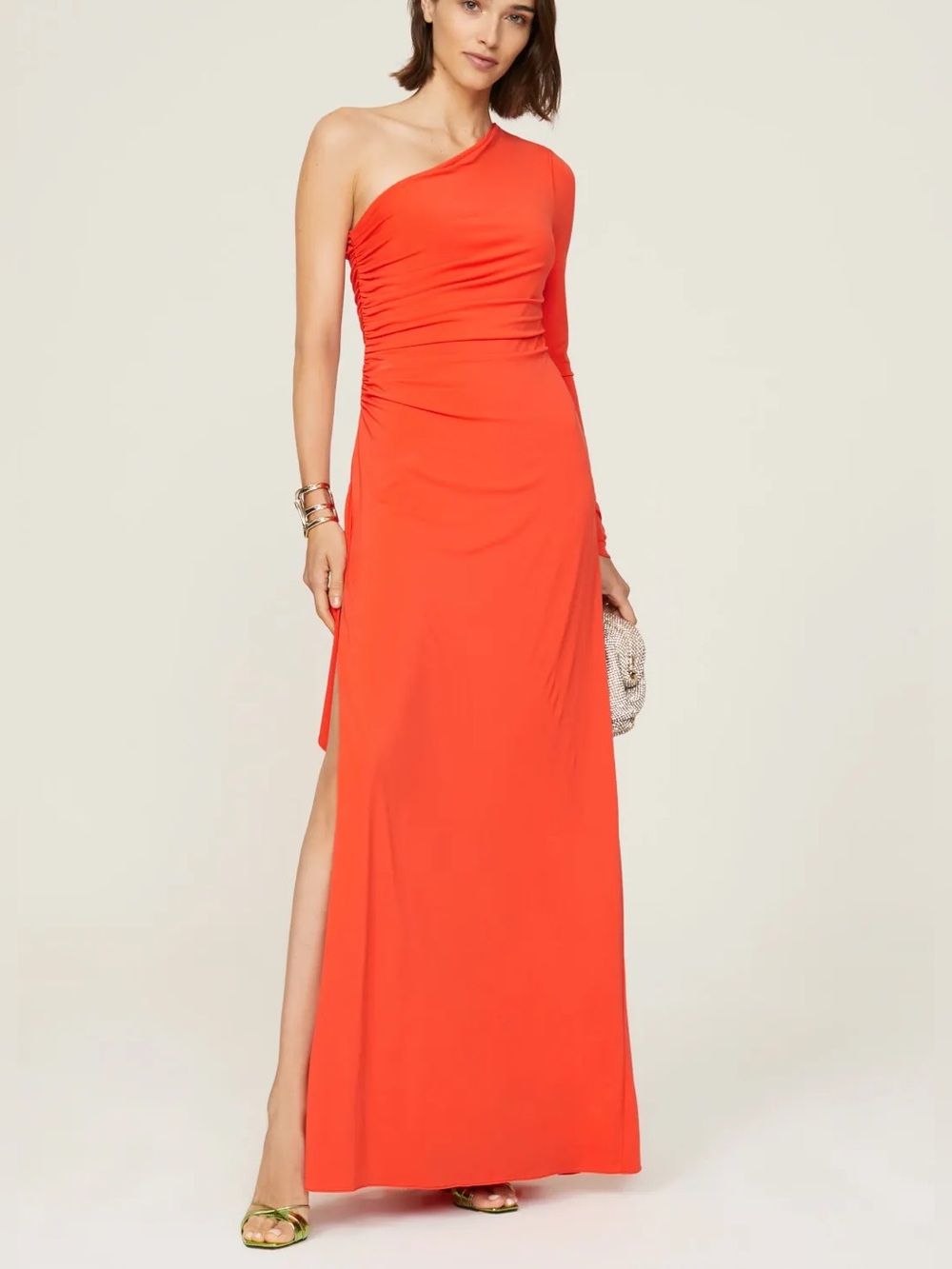 $495 NWT Halston One-Shoulder “Giana” Maxi Dress in Flame Sz 4